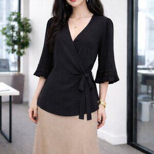 Black Wrap-Style Blouse With Tie Waist & Lace Trim Sleeves Sister Chic M